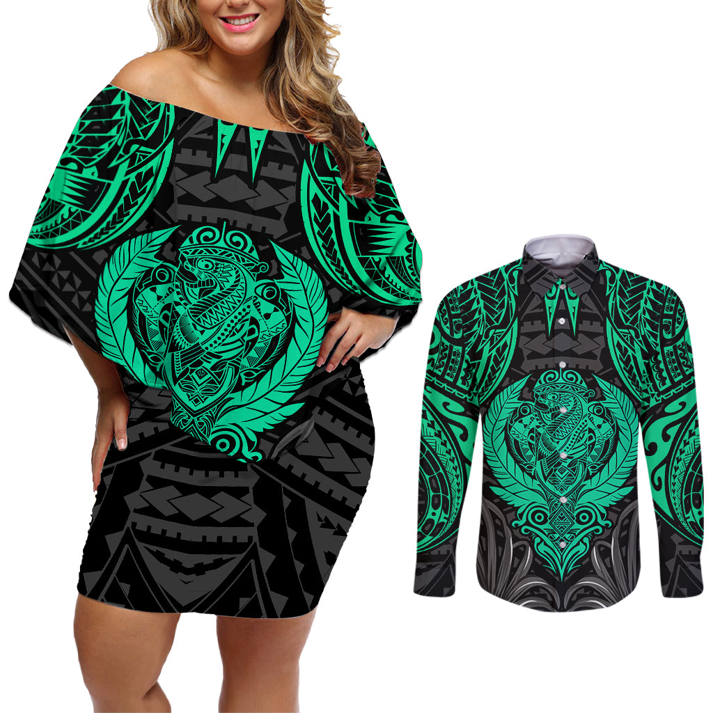 Polynesian Couples Matching Off Shoulder Short Dress and Long Sleeve Button Shirts Abstract Tiki TS04 Black/Yellow - Polynesian Pride