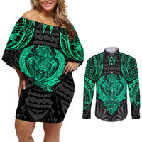 Polynesian Couples Matching Off Shoulder Short Dress and Long Sleeve Button Shirts Abstract Tiki TS04 Black/Yellow - Polynesian Pride