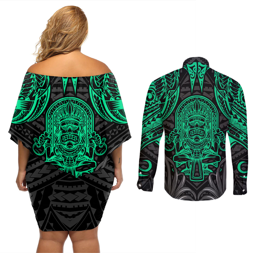 Polynesian Couples Matching Off Shoulder Short Dress and Long Sleeve Button Shirts Abstract Tiki TS04 - Polynesian Pride