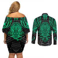 Polynesian Couples Matching Off Shoulder Short Dress and Long Sleeve Button Shirts Abstract Tiki TS04 - Polynesian Pride