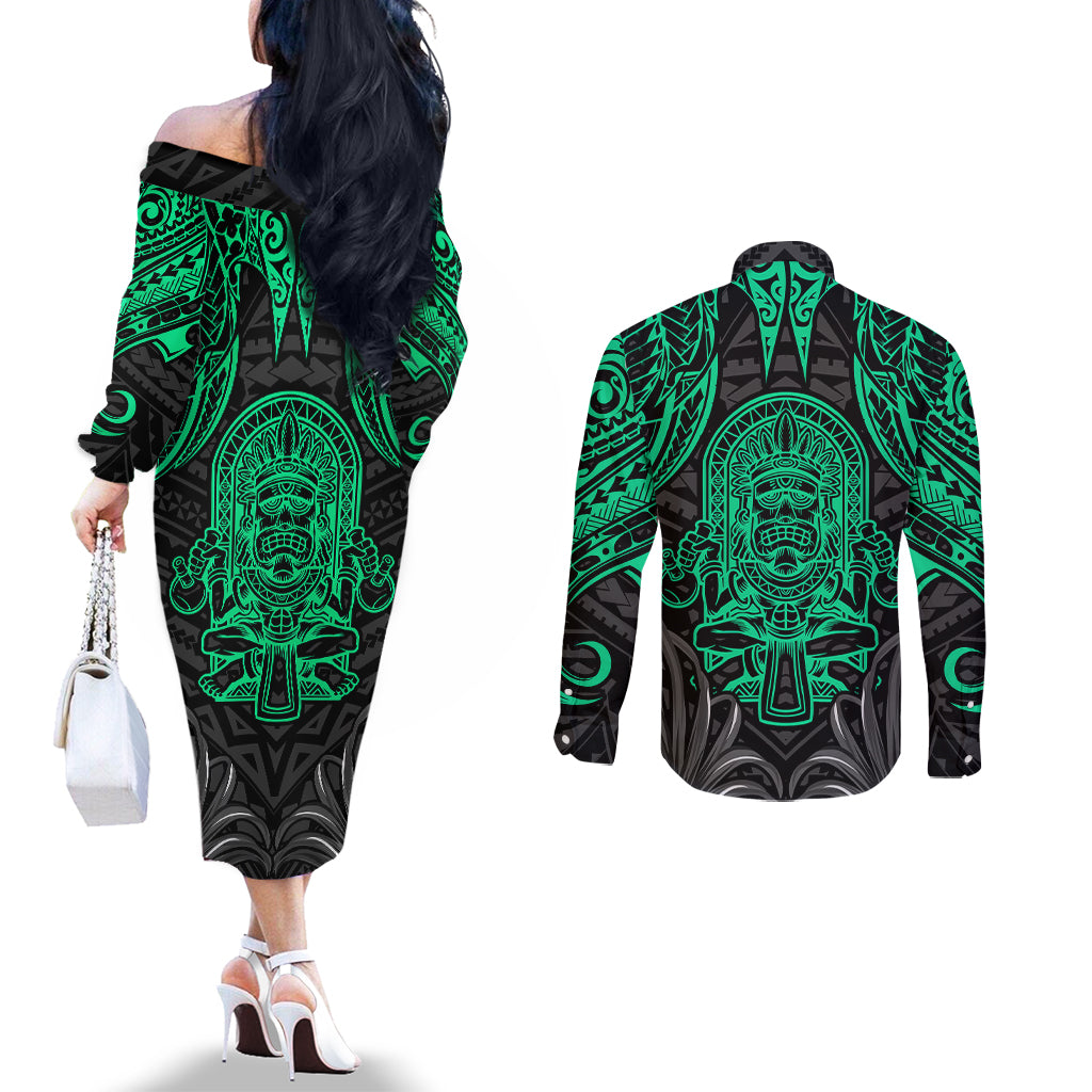 Polynesian Couples Matching Off The Shoulder Long Sleeve Dress and Long Sleeve Button Shirts Abstract Tiki TS04 - Polynesian Pride