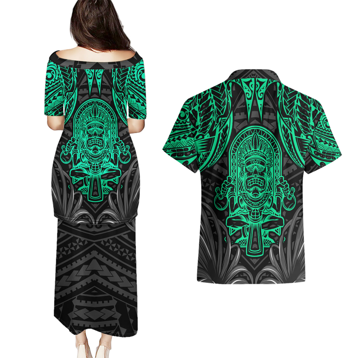 Polynesian Couples Matching Puletasi Dress and Hawaiian Shirt Abstract Tiki TS04 - Polynesian Pride