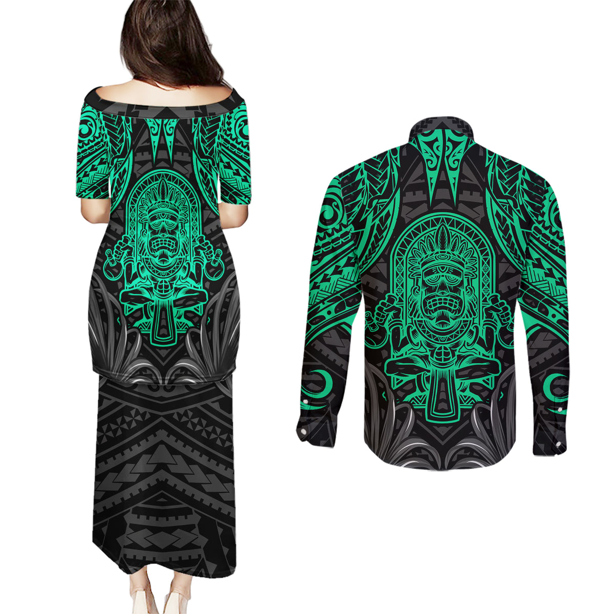 Polynesian Couples Matching Puletasi Dress and Long Sleeve Button Shirts Abstract Tiki TS04 - Polynesian Pride