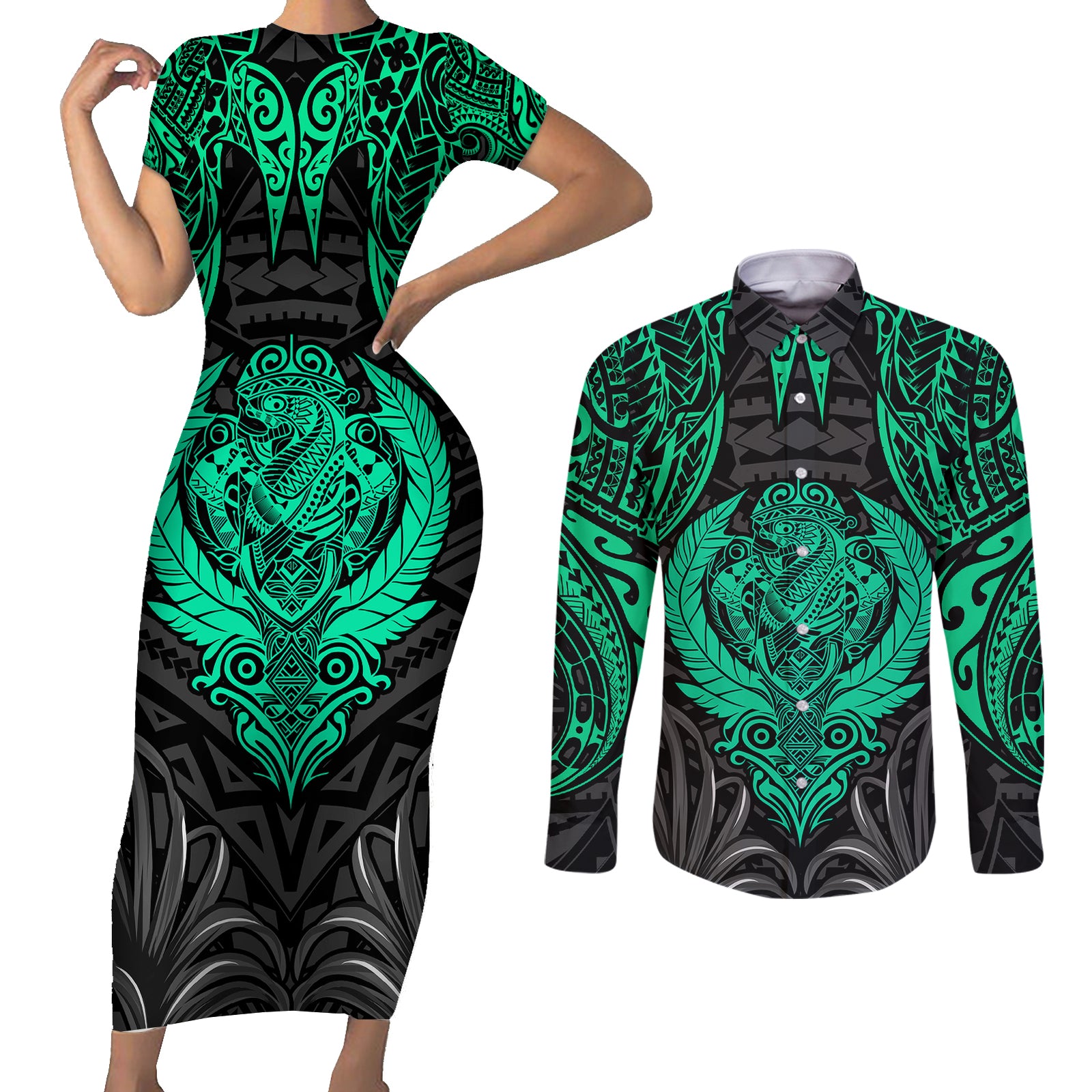 Polynesian Couples Matching Short Sleeve Bodycon Dress and Long Sleeve Button Shirts Abstract Tiki TS04 Black/Yellow - Polynesian Pride