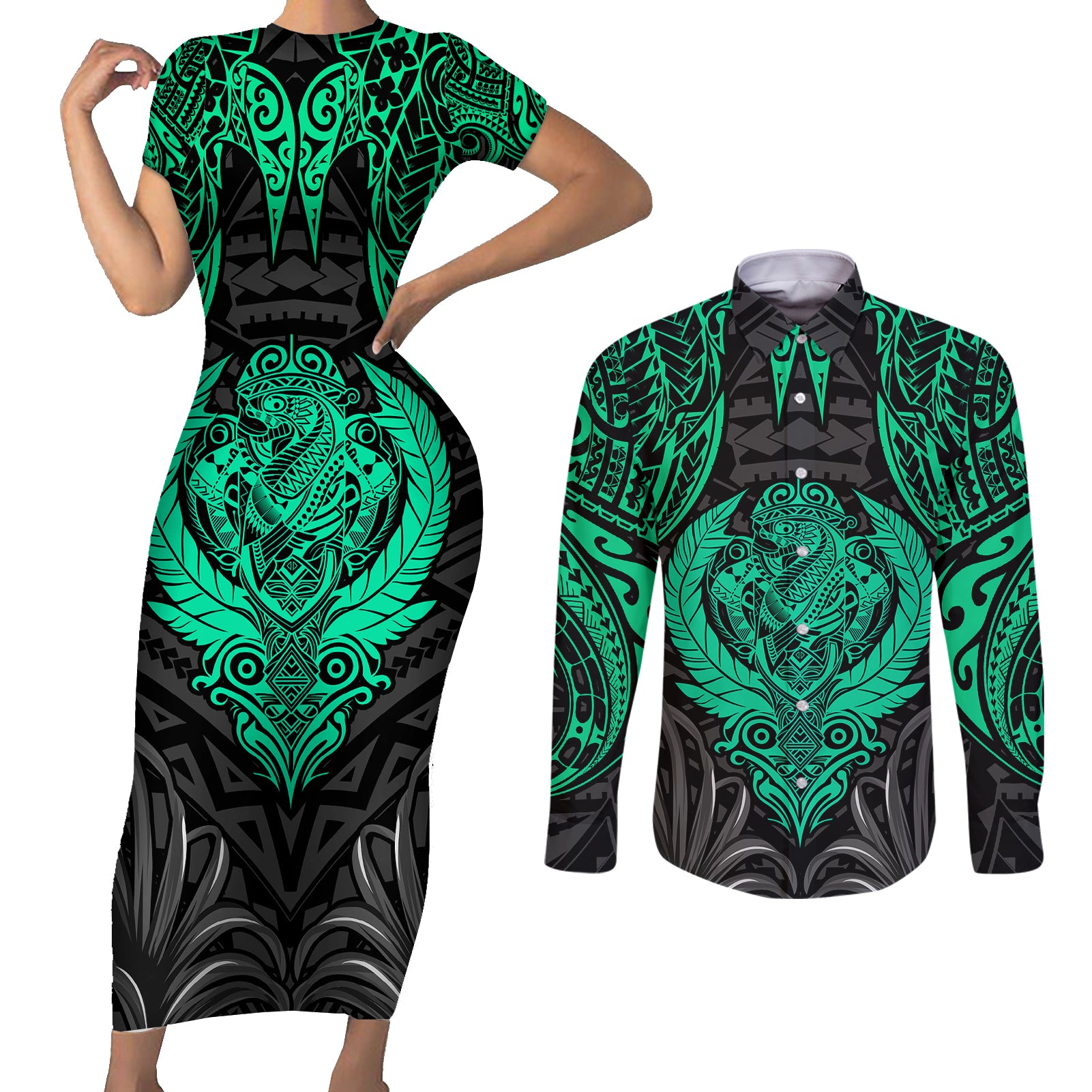Polynesian Couples Matching Short Sleeve Bodycon Dress and Long Sleeve Button Shirts Abstract Tiki TS04 Black/Yellow - Polynesian Pride