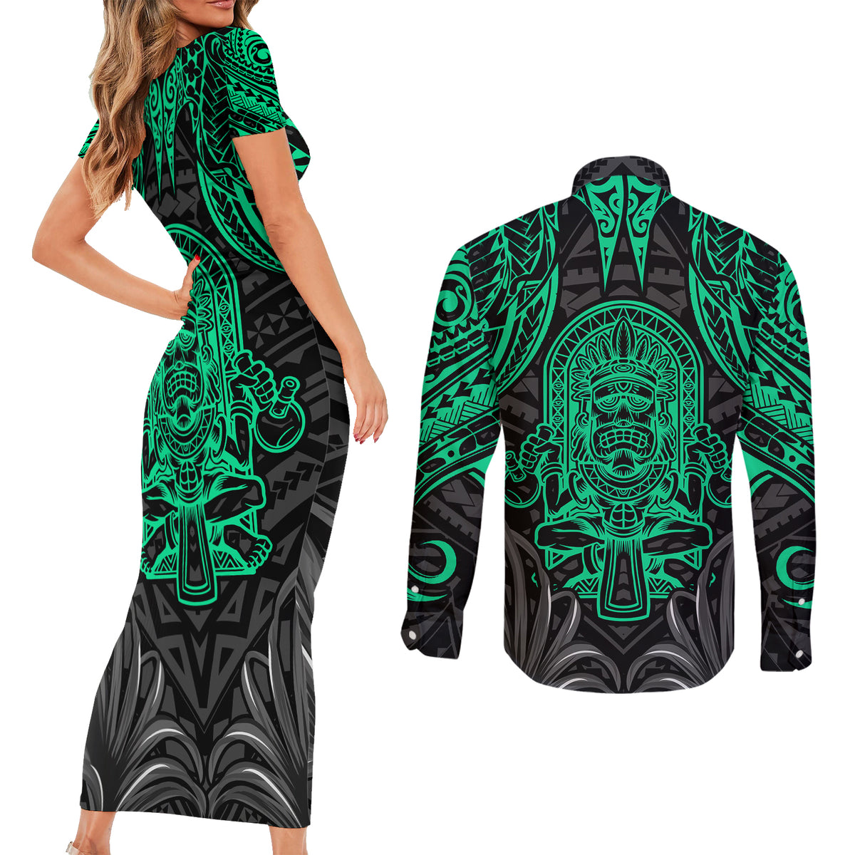 Polynesian Couples Matching Short Sleeve Bodycon Dress and Long Sleeve Button Shirts Abstract Tiki TS04 - Polynesian Pride