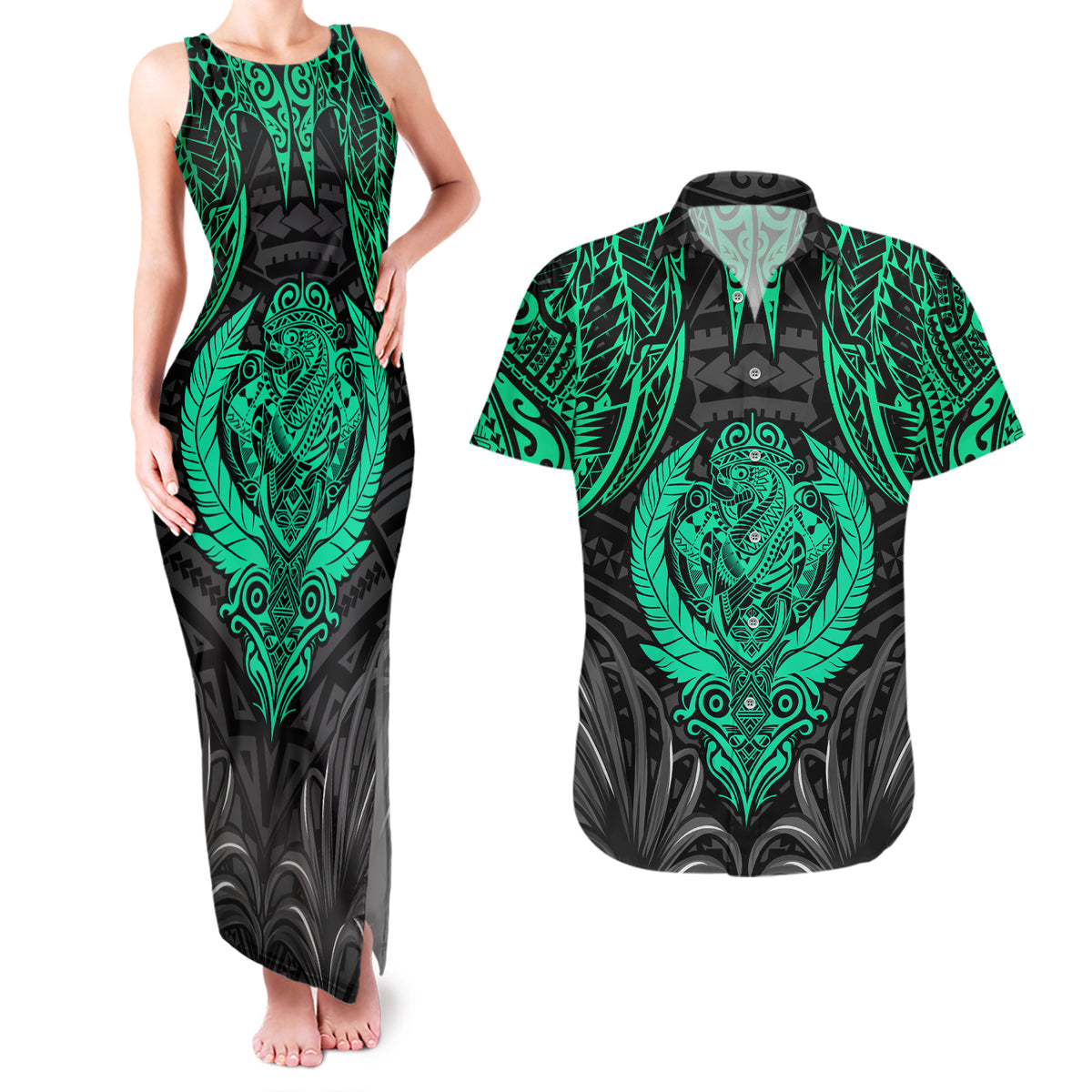 Polynesian Couples Matching Tank Maxi Dress and Hawaiian Shirt Abstract Tiki TS04 Black/Yellow - Polynesian Pride