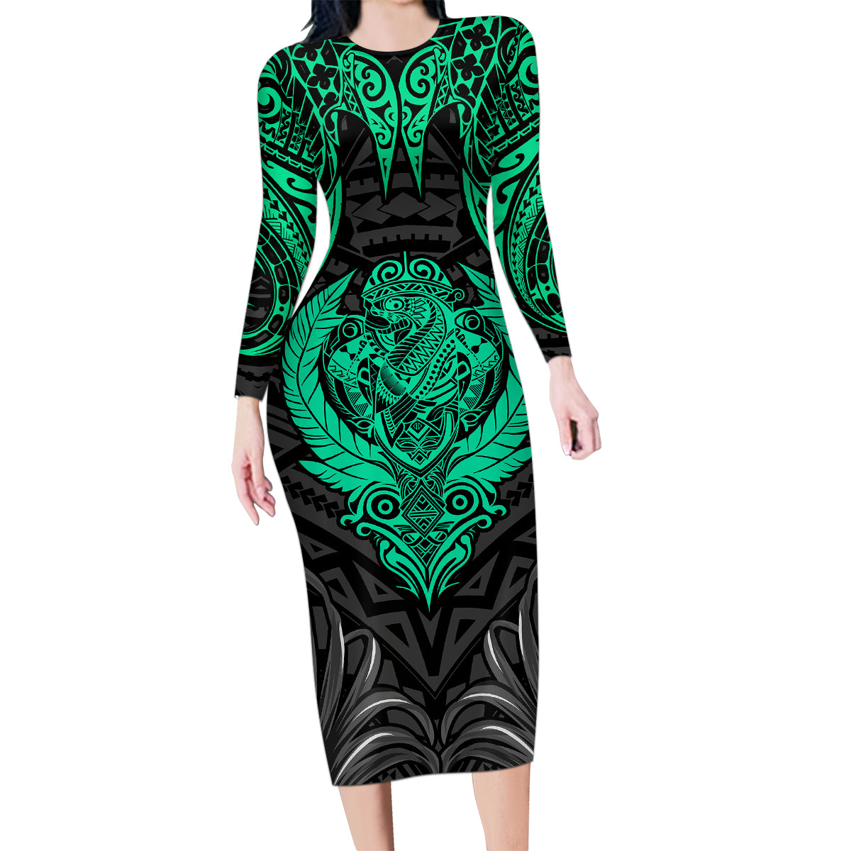Polynesian Family Matching Long Sleeve Bodycon Dress and Hawaiian Shirt Abstract Tiki TS04 Mom's Dress Black Yellow - Polynesian Pride