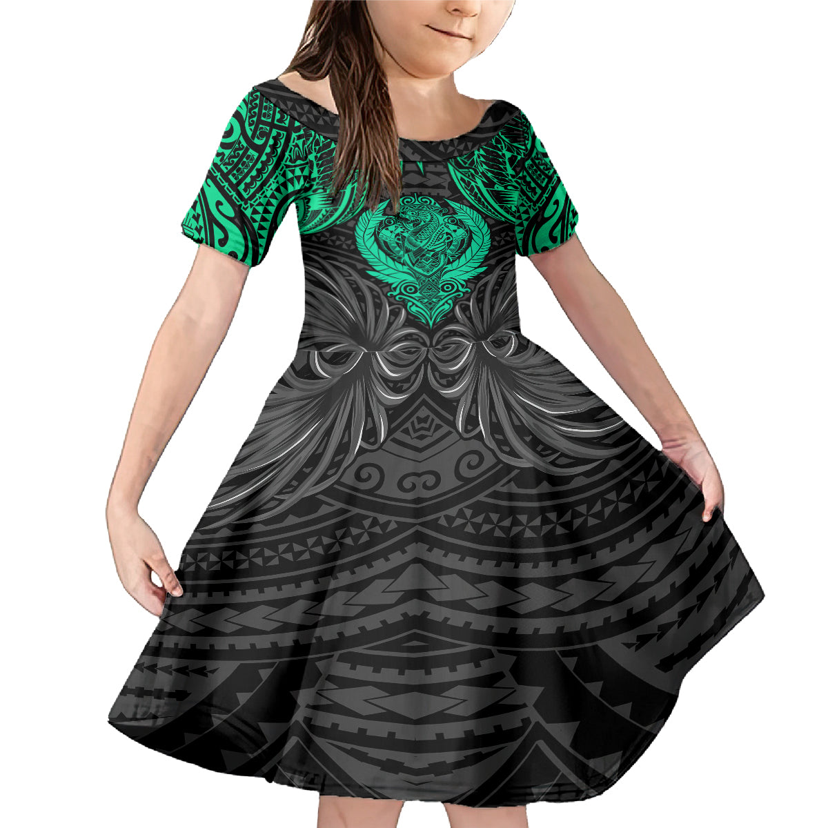 Polynesian Family Matching Mermaid Dress and Hawaiian Shirt Abstract Tiki TS04 Daughter's Dress Black Yellow - Polynesian Pride