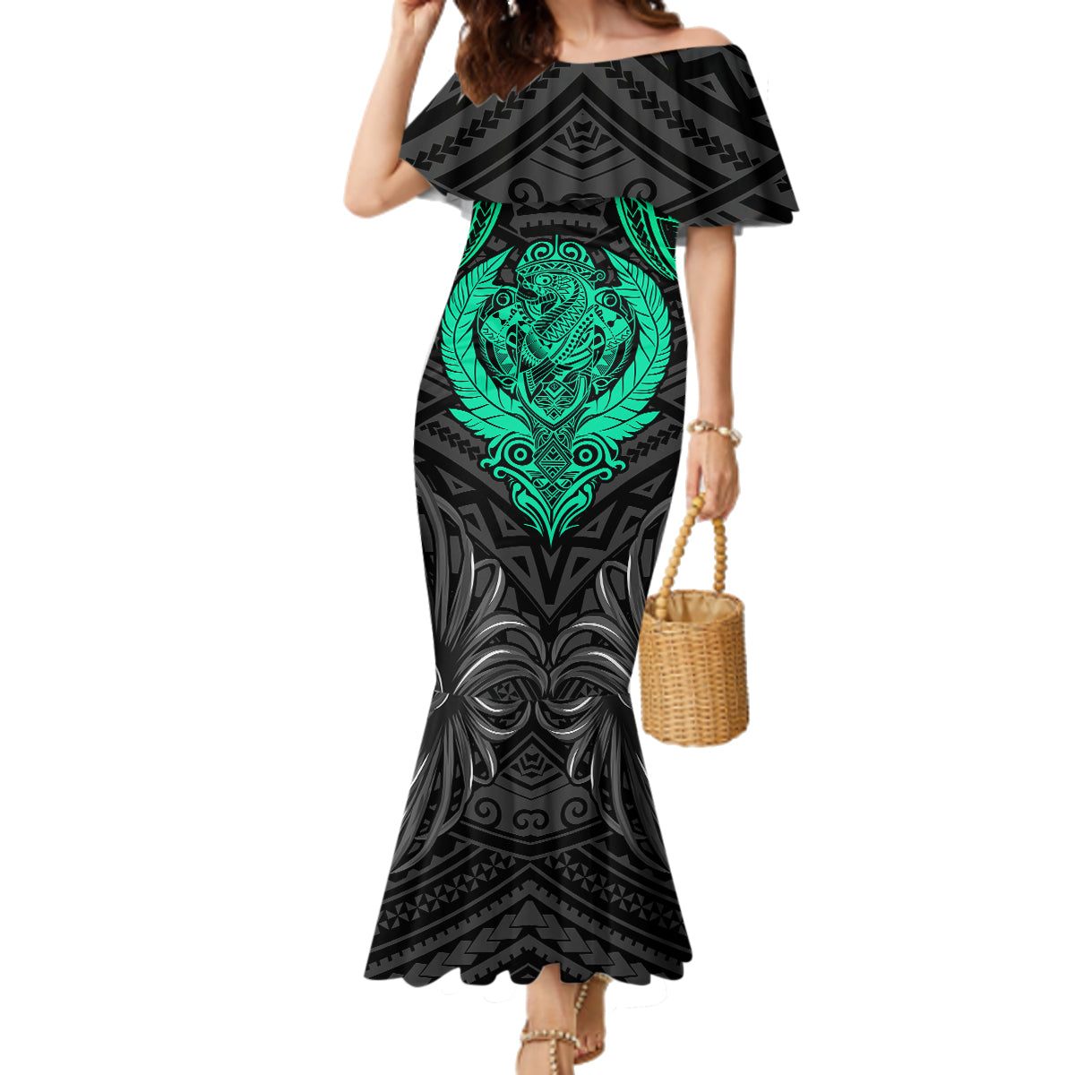 Polynesian Family Matching Mermaid Dress and Hawaiian Shirt Abstract Tiki TS04 Mom's Dress Black Yellow - Polynesian Pride