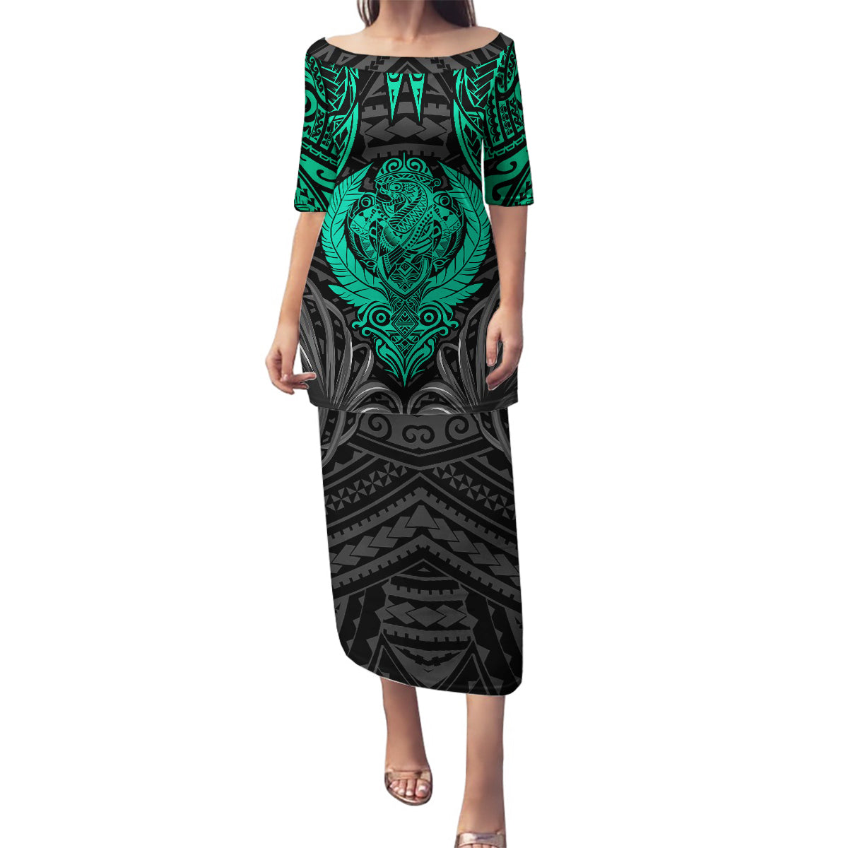 Polynesian Family Matching Puletasi Dress and Hawaiian Shirt Abstract Tiki TS04 Mom's Dress Black Yellow - Polynesian Pride
