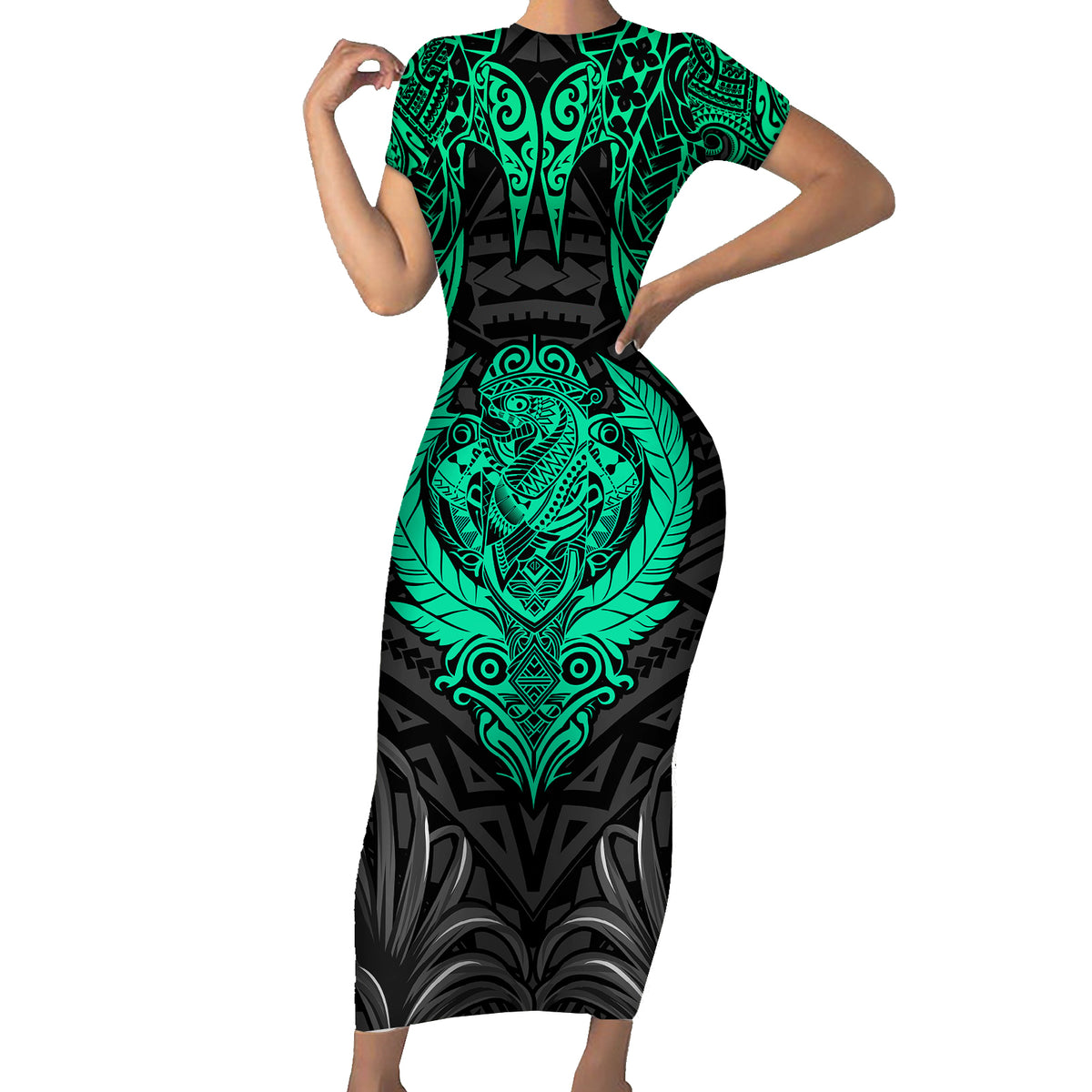 Polynesian Family Matching Short Sleeve Bodycon Dress and Hawaiian Shirt Abstract Tiki TS04 Mom's Dress Black Yellow - Polynesian Pride