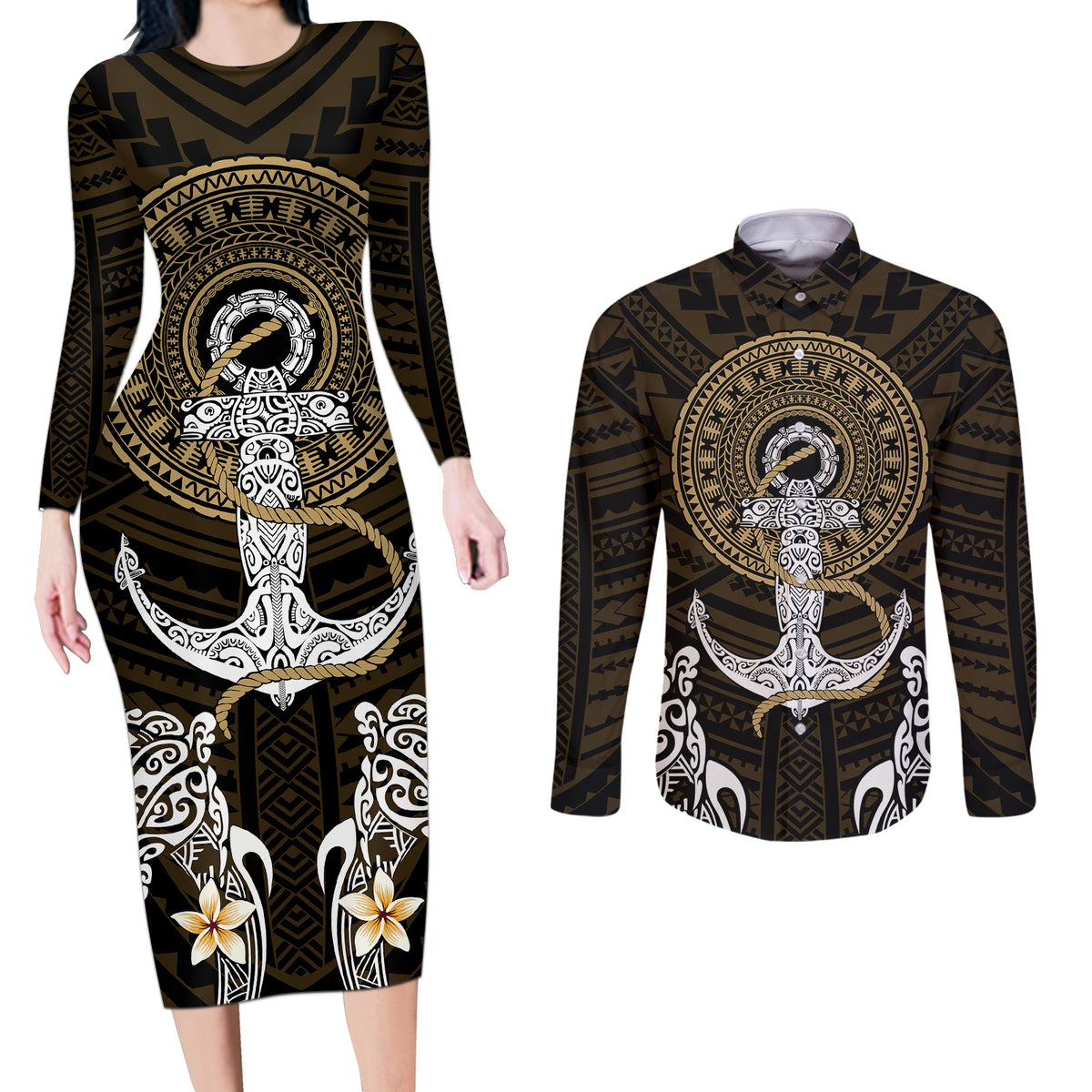 Polynesian Swordfish Couples Matching Long Sleeve Bodycon Dress and Long Sleeve Button Shirts with Anchor Pattern and Tribal Turtle TS04 - Polynesian Pride