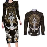 Polynesian Swordfish Couples Matching Long Sleeve Bodycon Dress and Long Sleeve Button Shirts with Anchor Pattern and Tribal Turtle TS04 - Polynesian Pride