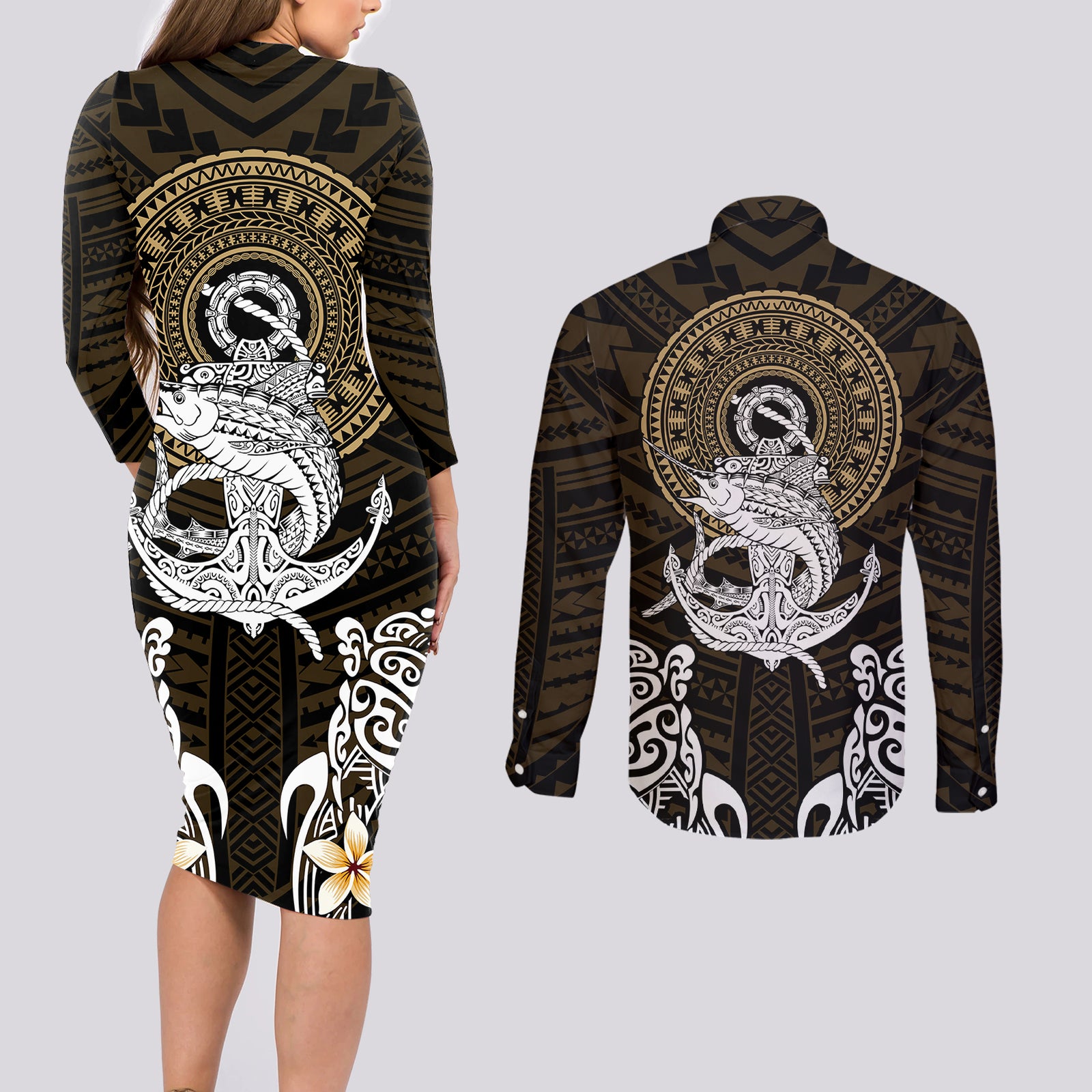 Polynesian Swordfish Couples Matching Long Sleeve Bodycon Dress and Long Sleeve Button Shirts with Anchor Pattern and Tribal Turtle TS04 Multicolor - Polynesian Pride