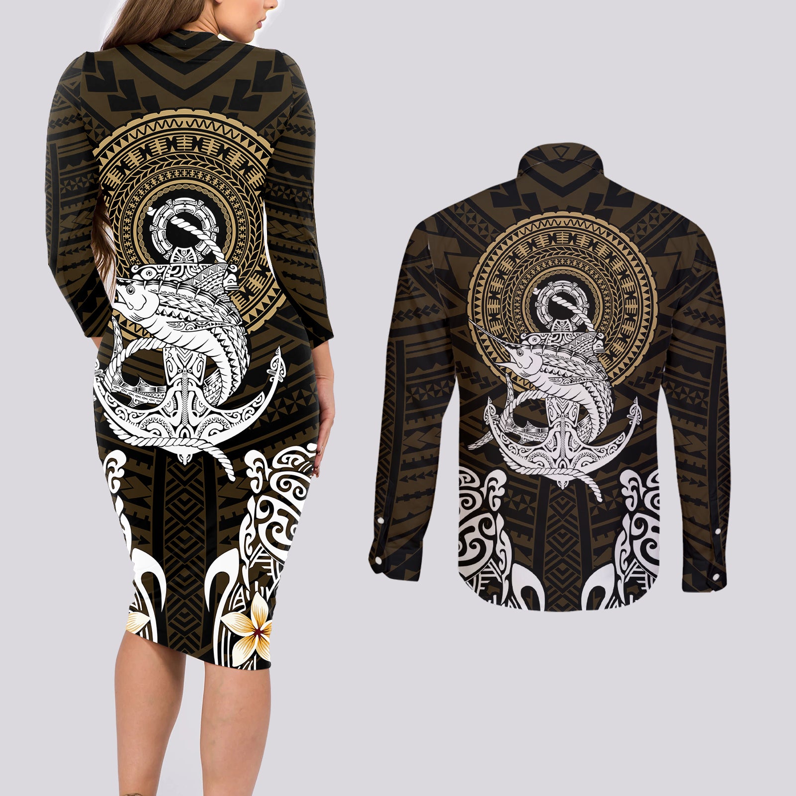 Polynesian Swordfish Couples Matching Long Sleeve Bodycon Dress and Long Sleeve Button Shirts with Anchor Pattern and Tribal Turtle TS04 Multicolor - Polynesian Pride