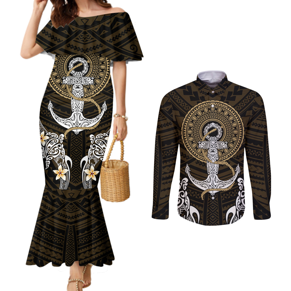 Polynesian Swordfish Couples Matching Mermaid Dress and Long Sleeve Button Shirts with Anchor Pattern and Tribal Turtle TS04 - Polynesian Pride