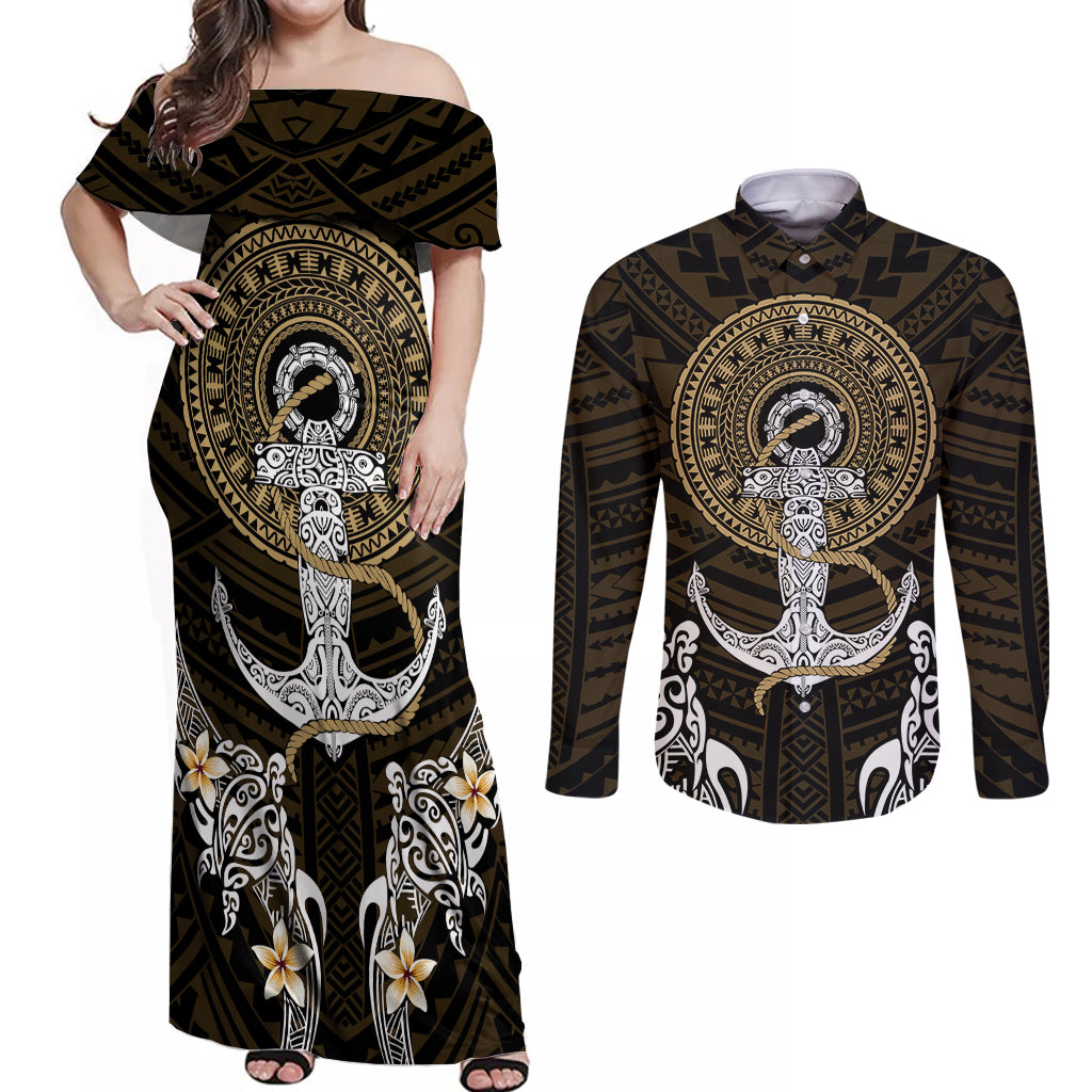 Polynesian Swordfish Couples Matching Off Shoulder Maxi Dress and Long Sleeve Button Shirts with Anchor Pattern and Tribal Turtle TS04 - Polynesian Pride