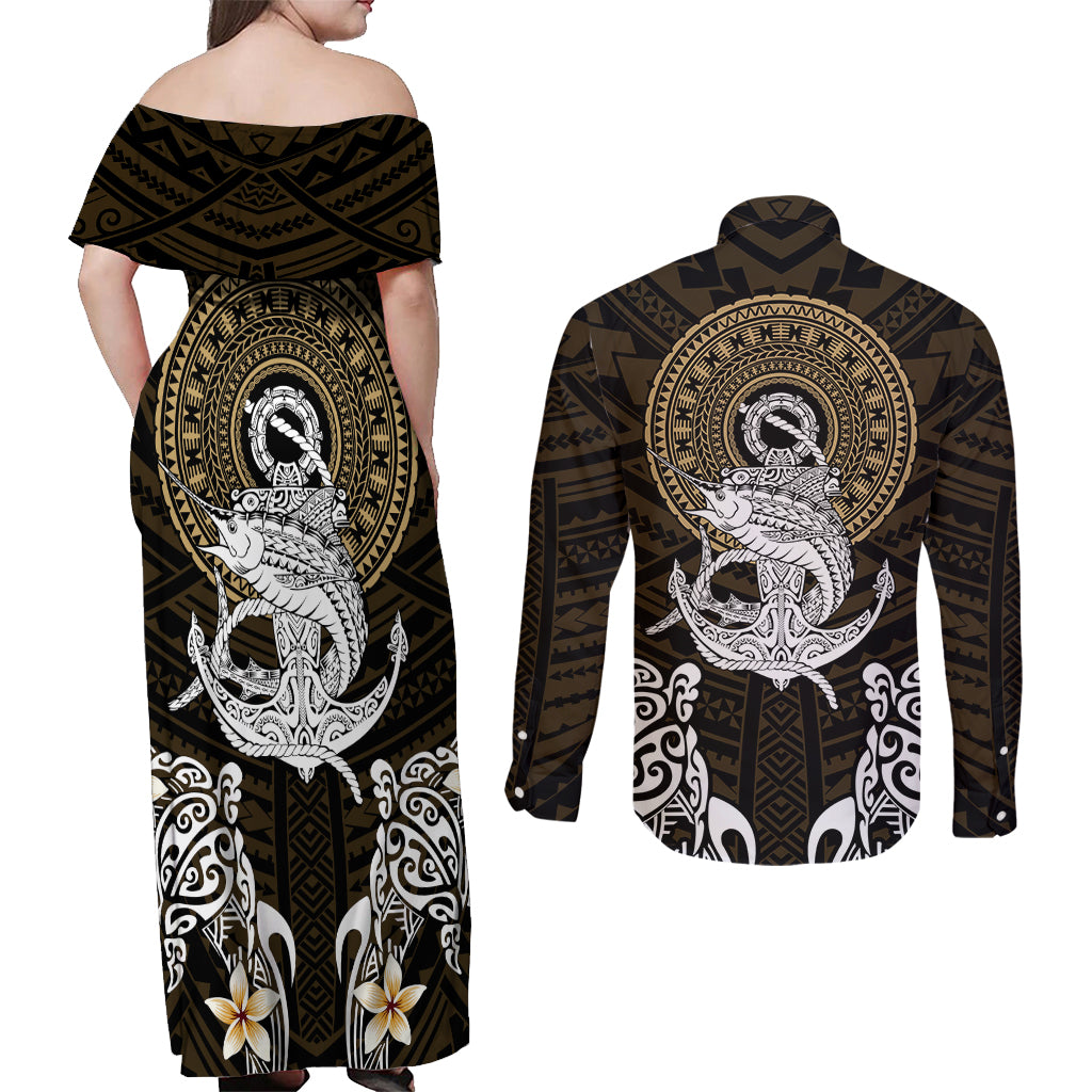 Polynesian Swordfish Couples Matching Off Shoulder Maxi Dress and Long Sleeve Button Shirts with Anchor Pattern and Tribal Turtle TS04 Multicolor - Polynesian Pride