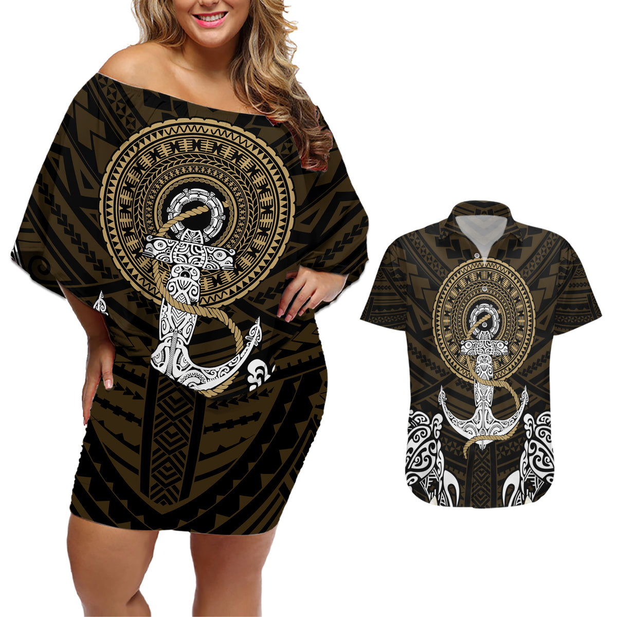 Polynesian Swordfish Couples Matching Off Shoulder Short Dress and Hawaiian Shirt with Anchor Pattern and Tribal Turtle TS04 - Polynesian Pride