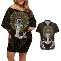 Polynesian Swordfish Couples Matching Off Shoulder Short Dress and Hawaiian Shirt with Anchor Pattern and Tribal Turtle TS04 - Polynesian Pride