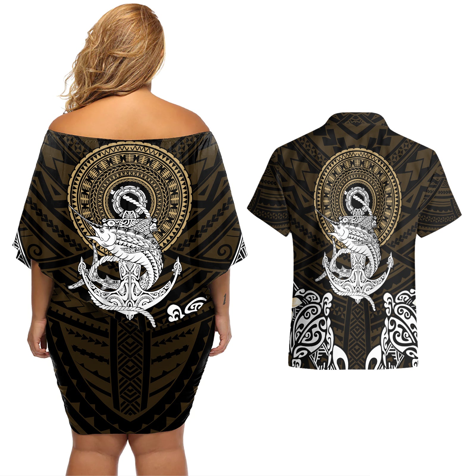 Polynesian Swordfish Couples Matching Off Shoulder Short Dress and Hawaiian Shirt with Anchor Pattern and Tribal Turtle TS04 Multicolor - Polynesian Pride