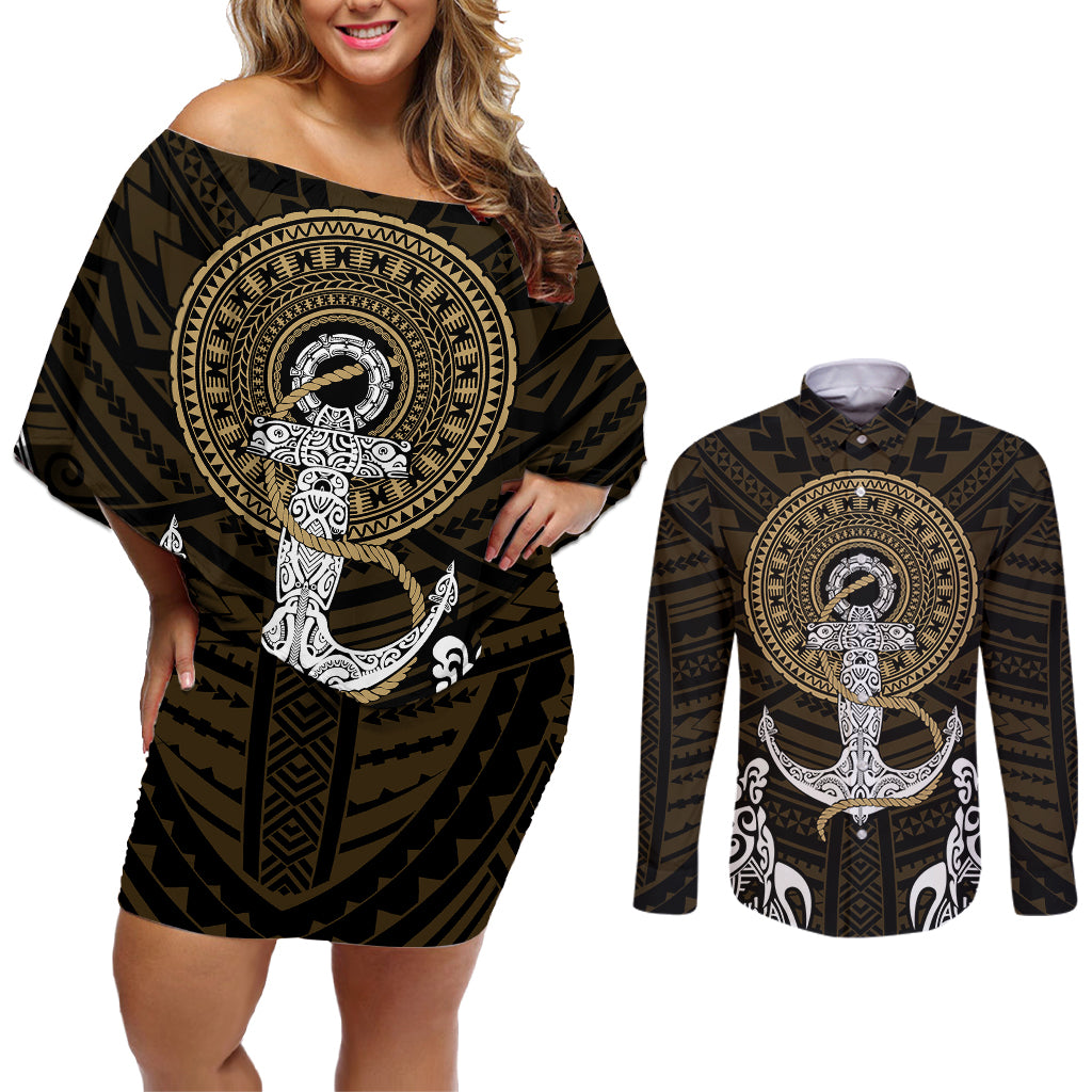 Polynesian Swordfish Couples Matching Off Shoulder Short Dress and Long Sleeve Button Shirts with Anchor Pattern and Tribal Turtle TS04 - Polynesian Pride