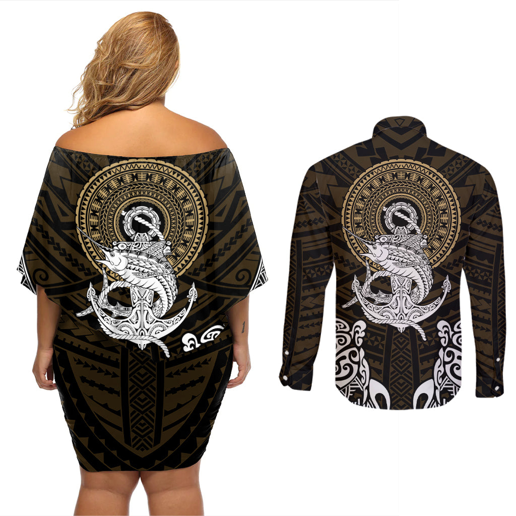 Polynesian Swordfish Couples Matching Off Shoulder Short Dress and Long Sleeve Button Shirts with Anchor Pattern and Tribal Turtle TS04 Multicolor - Polynesian Pride