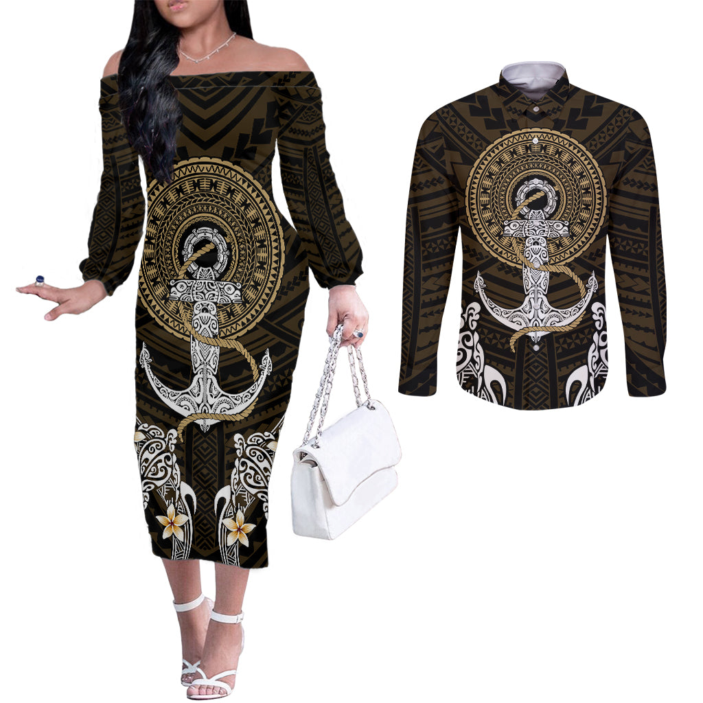 Polynesian Swordfish Couples Matching Off The Shoulder Long Sleeve Dress and Long Sleeve Button Shirts with Anchor Pattern and Tribal Turtle TS04 - Polynesian Pride