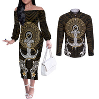 Polynesian Swordfish Couples Matching Off The Shoulder Long Sleeve Dress and Long Sleeve Button Shirts with Anchor Pattern and Tribal Turtle TS04 - Polynesian Pride
