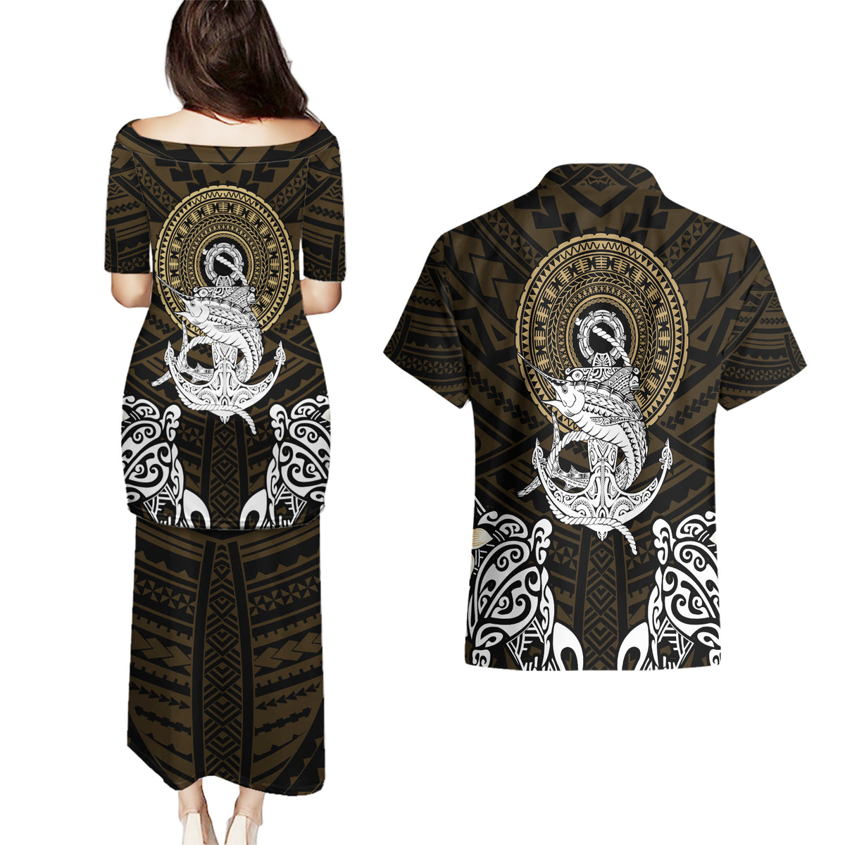 Polynesian Swordfish Couples Matching Puletasi Dress and Hawaiian Shirt with Anchor Pattern and Tribal Turtle TS04 Multicolor - Polynesian Pride