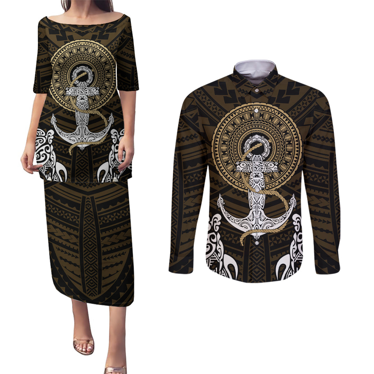 Polynesian Swordfish Couples Matching Puletasi Dress and Long Sleeve Button Shirts with Anchor Pattern and Tribal Turtle TS04 - Polynesian Pride