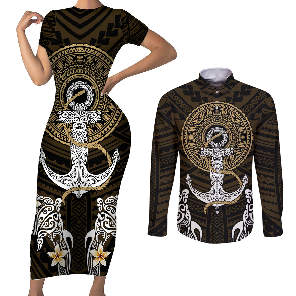 Polynesian Swordfish Couples Matching Short Sleeve Bodycon Dress and Long Sleeve Button Shirts with Anchor Pattern and Tribal Turtle TS04 - Polynesian Pride