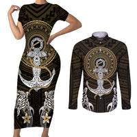 Polynesian Swordfish Couples Matching Short Sleeve Bodycon Dress and Long Sleeve Button Shirts with Anchor Pattern and Tribal Turtle TS04 - Polynesian Pride