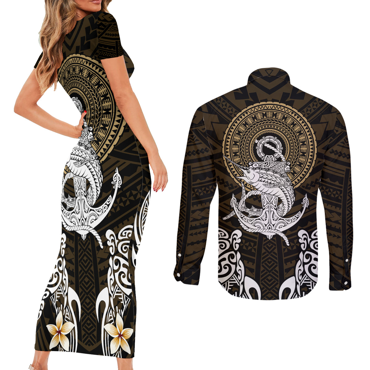 Polynesian Swordfish Couples Matching Short Sleeve Bodycon Dress and Long Sleeve Button Shirts with Anchor Pattern and Tribal Turtle TS04 Multicolor - Polynesian Pride