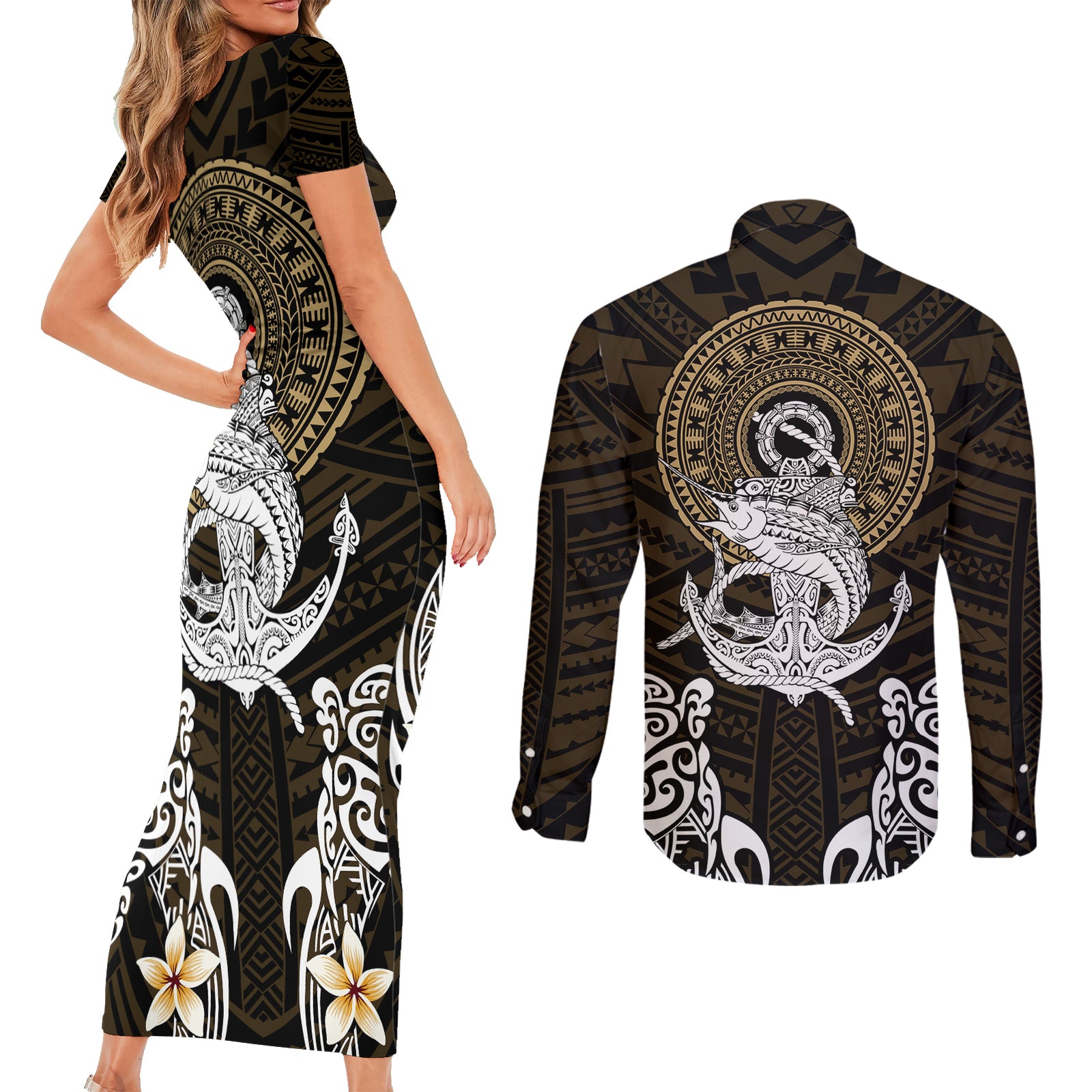 Polynesian Swordfish Couples Matching Short Sleeve Bodycon Dress and Long Sleeve Button Shirts with Anchor Pattern and Tribal Turtle TS04 Multicolor - Polynesian Pride