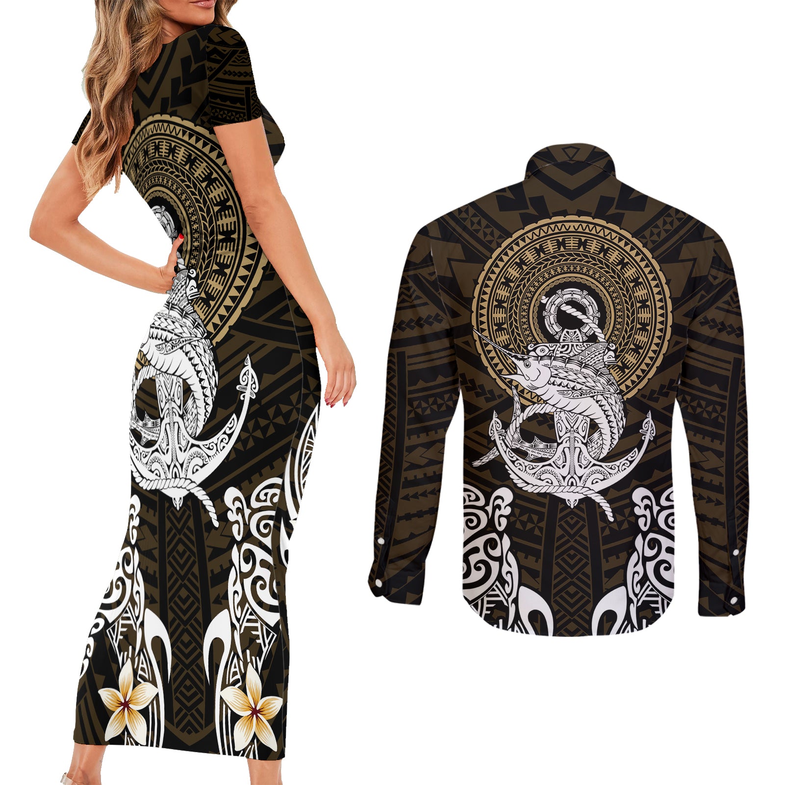 Polynesian Swordfish Couples Matching Short Sleeve Bodycon Dress and Long Sleeve Button Shirts with Anchor Pattern and Tribal Turtle TS04 Multicolor - Polynesian Pride