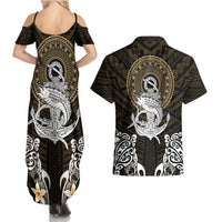 Polynesian Swordfish Couples Matching Summer Maxi Dress and Hawaiian Shirt with Anchor Pattern and Tribal Turtle TS04 Multicolor - Polynesian Pride