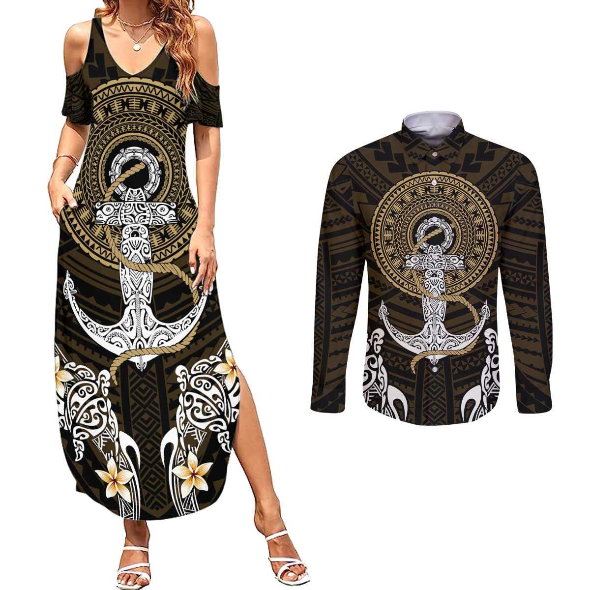 Polynesian Swordfish Couples Matching Summer Maxi Dress and Long Sleeve Button Shirts with Anchor Pattern and Tribal Turtle TS04 - Polynesian Pride