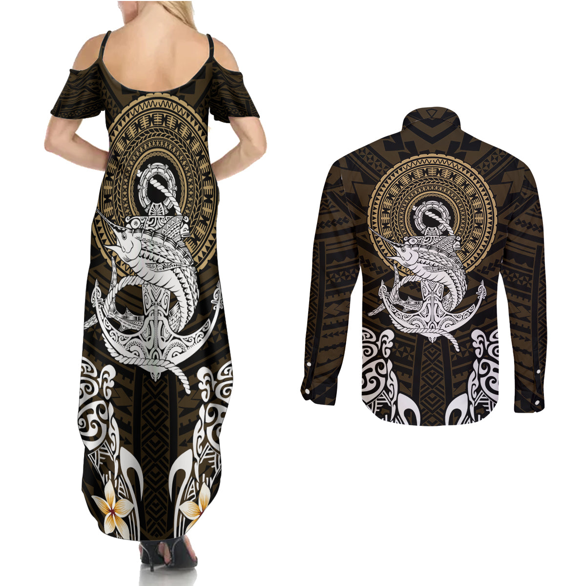 Polynesian Swordfish Couples Matching Summer Maxi Dress and Long Sleeve Button Shirts with Anchor Pattern and Tribal Turtle TS04 Multicolor - Polynesian Pride