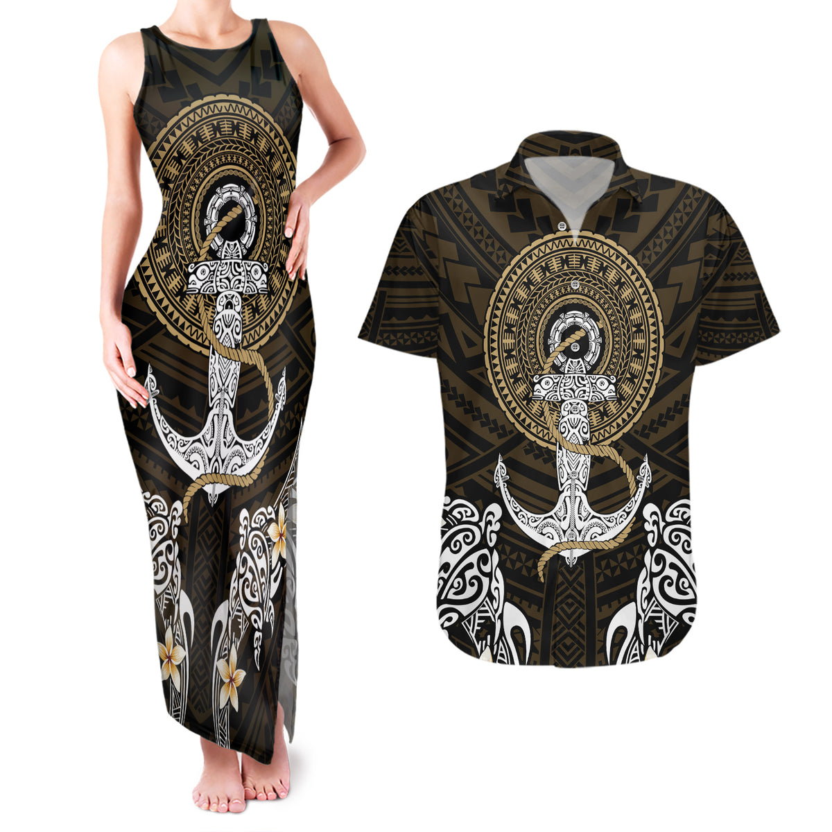 Polynesian Swordfish Couples Matching Tank Maxi Dress and Hawaiian Shirt with Anchor Pattern and Tribal Turtle TS04 - Polynesian Pride