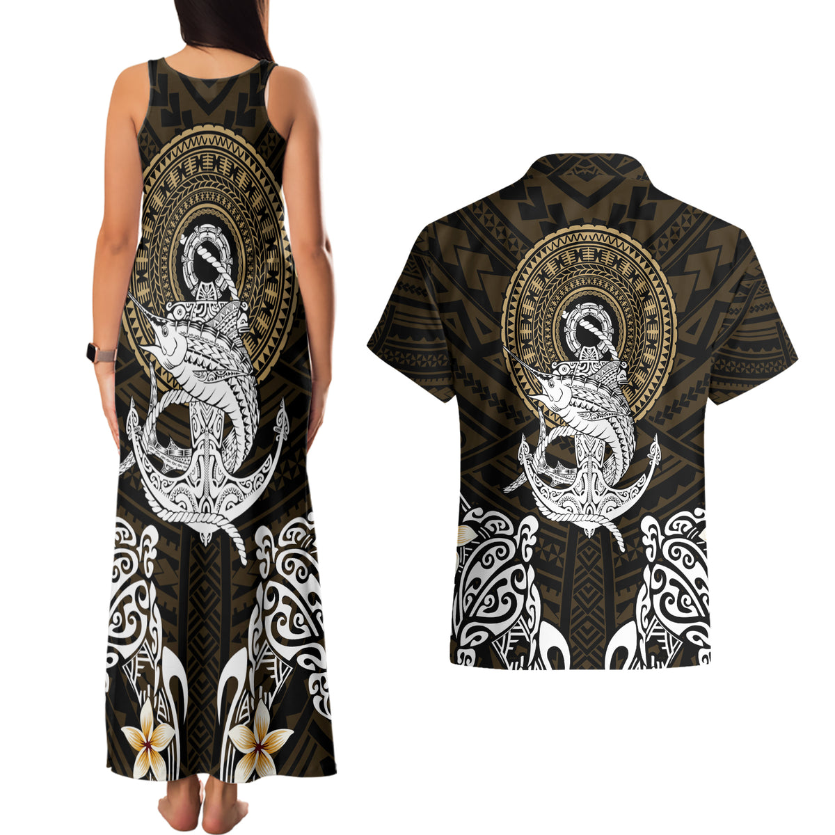 Polynesian Swordfish Couples Matching Tank Maxi Dress and Hawaiian Shirt with Anchor Pattern and Tribal Turtle TS04 Multicolor - Polynesian Pride