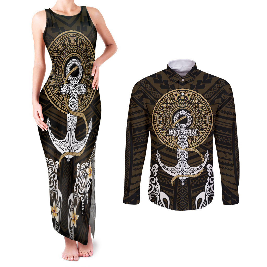 Polynesian Swordfish Couples Matching Tank Maxi Dress and Long Sleeve Button Shirts with Anchor Pattern and Tribal Turtle TS04 - Polynesian Pride
