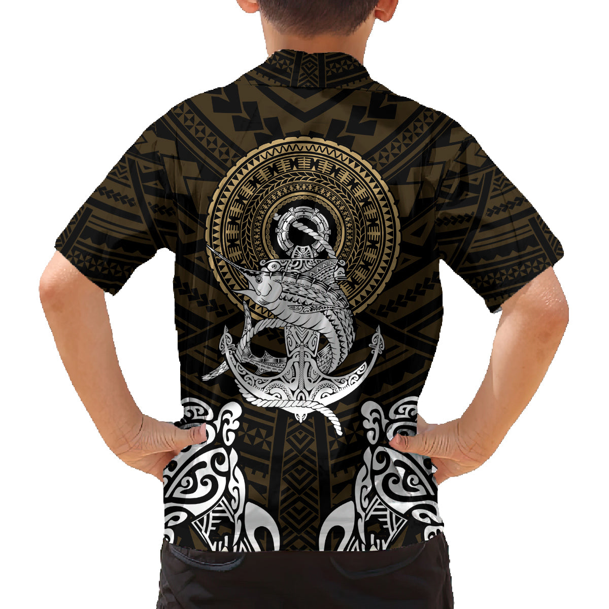 Polynesian Swordfish Family Matching Off Shoulder Short Dress and Hawaiian Shirt with Anchor Pattern and Tribal Turtle TS04 - Polynesian Pride