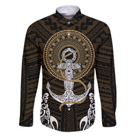 Polynesian Swordfish Family Matching Off Shoulder Short Dress and Hawaiian Shirt with Anchor Pattern and Tribal Turtle TS04 Dad's Shirt - Long Sleeve Multicolor - Polynesian Pride
