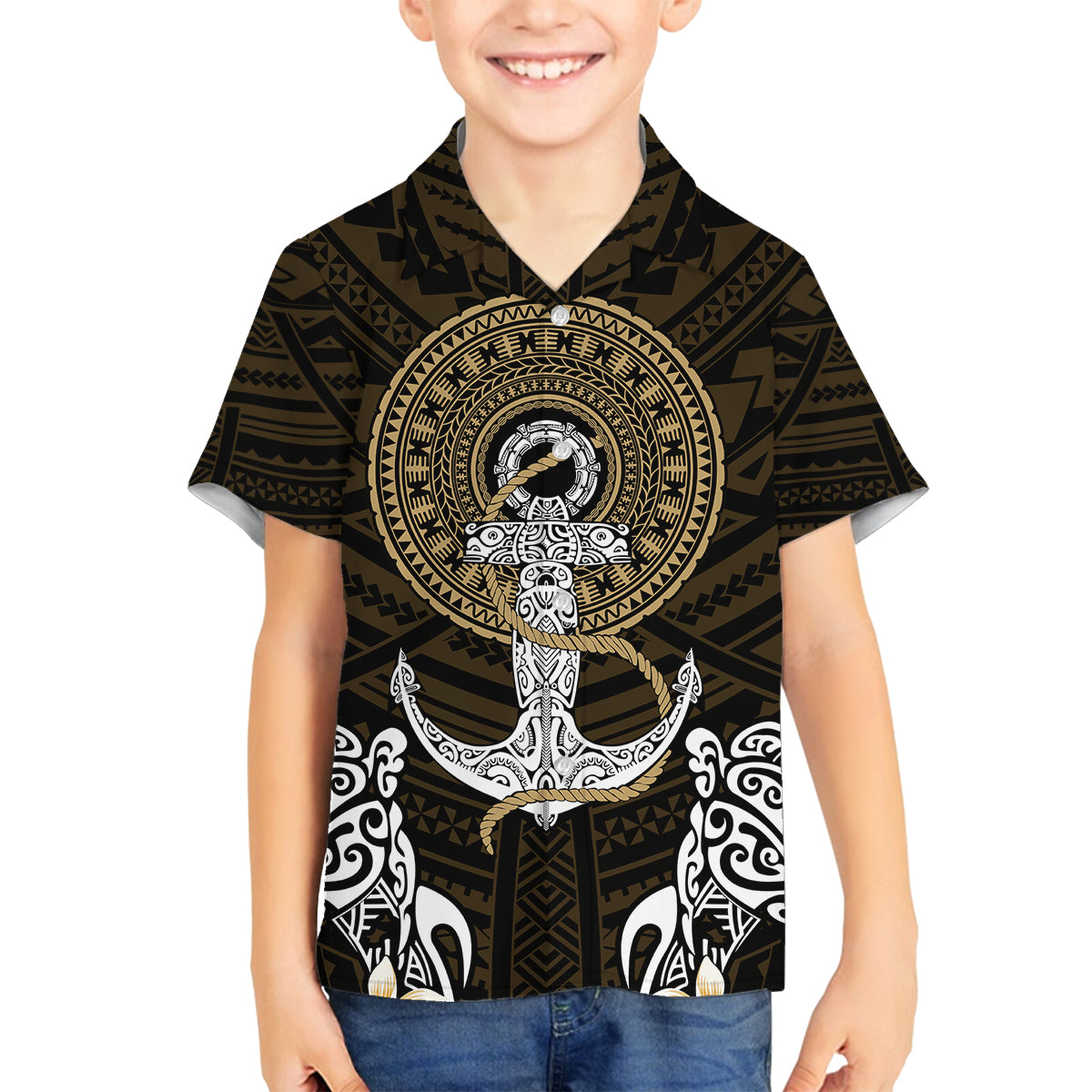 Polynesian Swordfish Family Matching Summer Maxi Dress and Hawaiian Shirt with Anchor Pattern and Tribal Turtle TS04 Son's Shirt Multicolor - Polynesian Pride