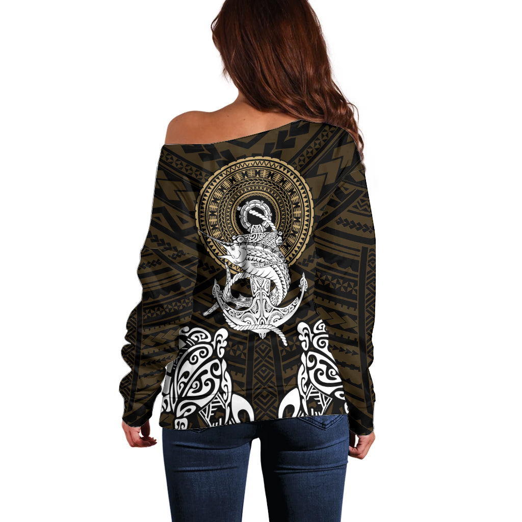 Polynesian Swordfish Off Shoulder Sweater with Anchor Pattern and Tribal Turtle TS04 Women Multicolor - Polynesian Pride