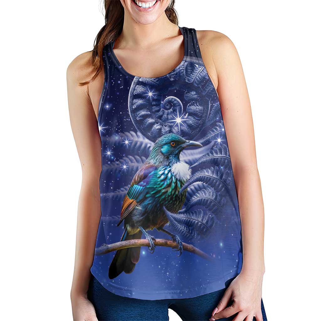 Tui Bird Matariki Galaxy Women Racerback Tank Koru Silver Fern Aotearoa