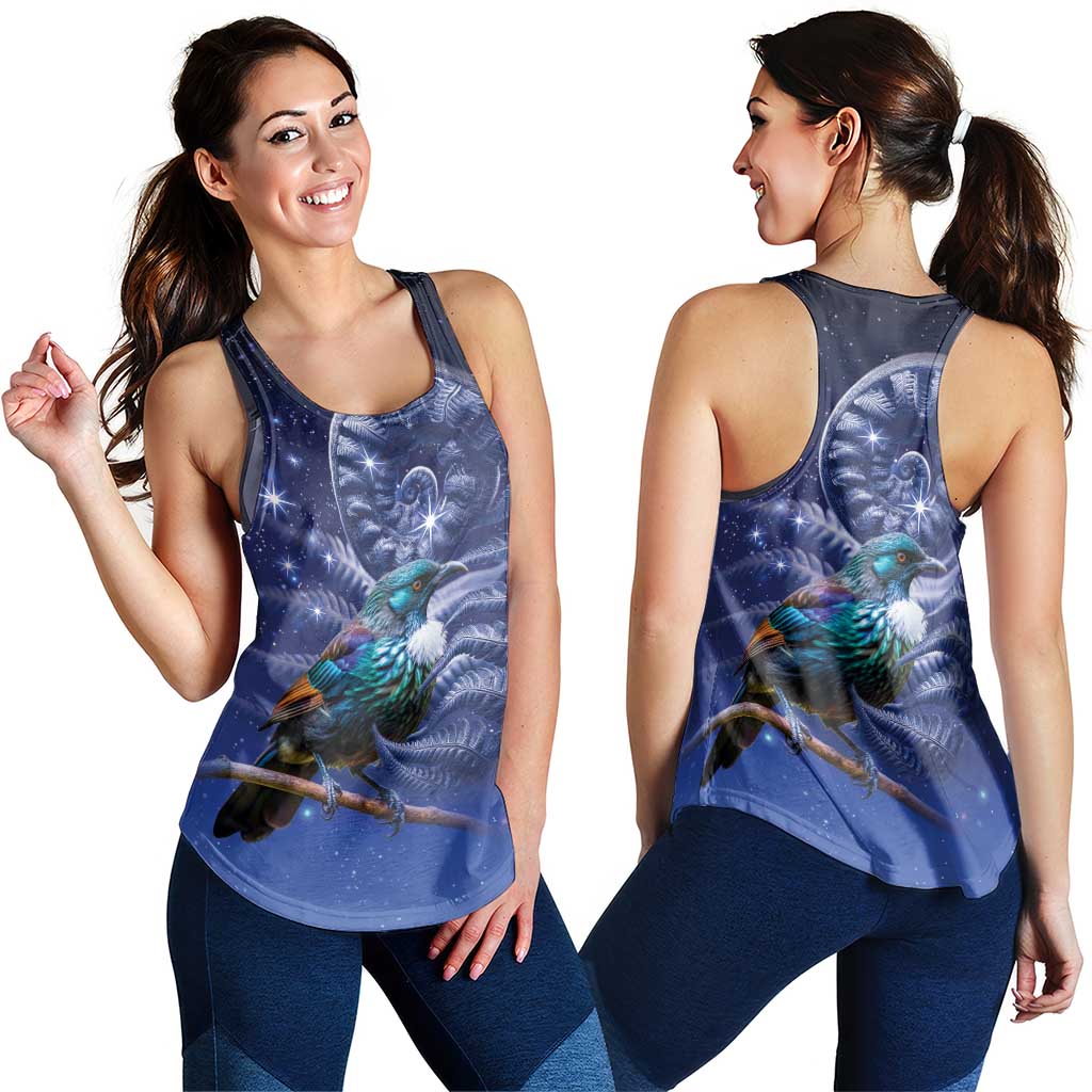 Tui Bird Matariki Galaxy Women Racerback Tank Koru Silver Fern Aotearoa
