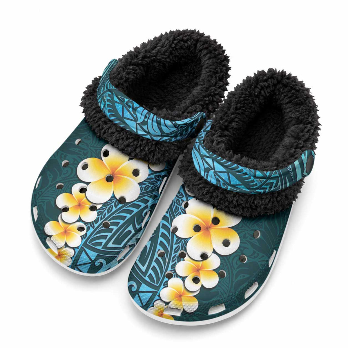 Turquoise Tropical Plumeria With Galaxy Polynesian Art Fleece Clogs
